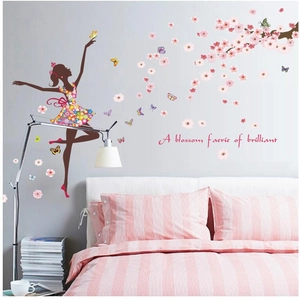 Romantic flower fairy wall sticker with cherry blossom branches and colorful butterflies