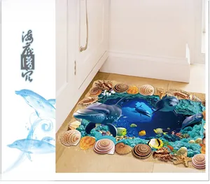 3D ocean floor wall decal with dolphins and coral reef in an underwater cave design