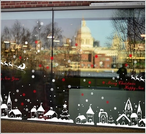 Christmas snowflake town glass window wall stickers with reindeer and Merry Christmas text