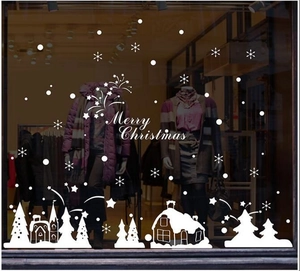 Merry Christmas snowy cottage and pine tree window stickers for holiday shop decoration