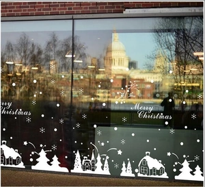 Merry Christmas white snowflake window stickers with forest and snow house silhouettes
