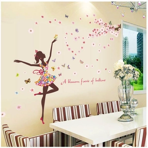Romantic flower fairy wall decal with pink cherry blossoms and butterflies for home decor