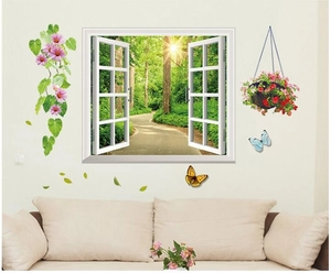 Adesivo murale 3D rimovibile con finta finestra vista foresta, fiori e farfalle creative