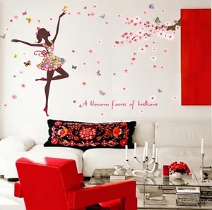 Romantic ballerina and pink cherry blossom wall decal for living room decoration