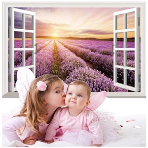3D faux window wall sticker featuring a sunset lavender field for home decor