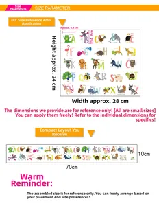 Size chart for 26 alphabet animal wall stickers showing DIY layout and shipping dimensions