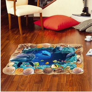 3D ocean floor sticker with dolphins and coral reef for living room wall or floor decor