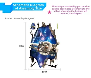 Detailed 3D space astronaut wall sticker layout measuring 90cm by 60cm for home decor