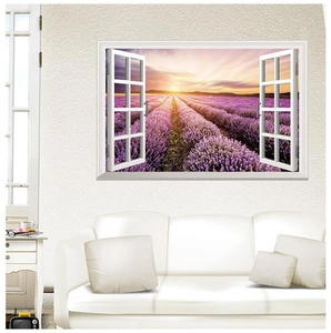 3D fake window wall sticker featuring sunset lavender field for home living room decor