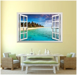 3D Mediterranean fake window wall sticker with tropical beach view for home decor