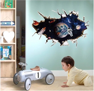 3D Astronaut Space Wall Sticker Removable PVC Earth Planet Broken Wall Effect Mural Decor For Kids Bedroom Nursery