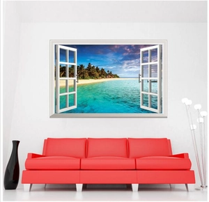 Creative 3D Mediterranean fake window wall sticker featuring beach and palm tree view