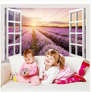 3D false window wall sticker with scenic lavender fields and a sunset view for home decor