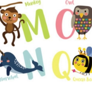 Colorful animal alphabet wall stickers featuring Monkey, Owl, Narwhal and Queen Bee designs