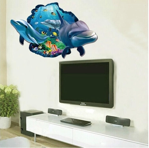 3D Ocean Dolphin Undersea Fish World Breaking Wall Stickers Waterproof PVC Removable Mural Art For Living Room Home Decoration