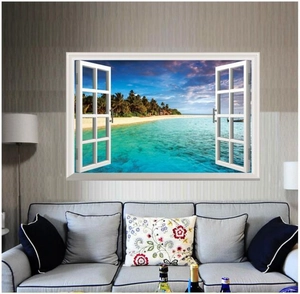 3D Mediterranean fake window wall sticker featuring a tropical beach and coconut trees view