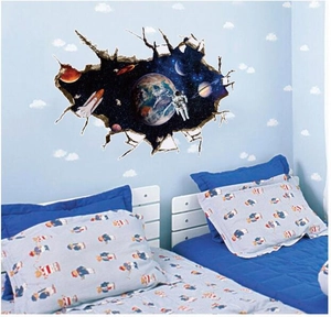 3D outer space wall sticker featuring an astronaut, Earth, and shuttle for kids' bedroom decor
