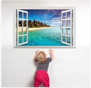 3D Mediterranean fake window wall sticker with tropical beach and coconut tree view