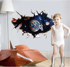 3D outer space wall sticker featuring astronaut and Earth with a cracked wall effect