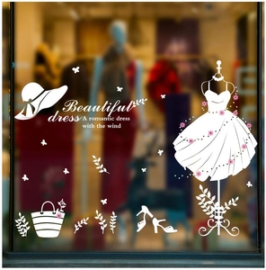 Elegant white dress wall sticker with high heels and handbag decals for window decor