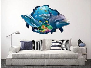 3D ocean dolphins wall decal with tropical fish and coral for living room home decor