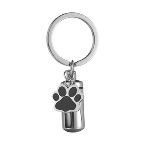 Stainless Steel Pet Memorial Cremation Urn Capsule Keychain With Paw Print Charm Openable Cylinder Ashes Keepsake Jewelry