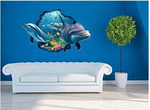 3D ocean dolphins wall decal with tropical fish and coral reef for living room decor