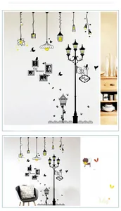 Detail of Nordic wall stickers featuring black and yellow pendant lamps and birdcages