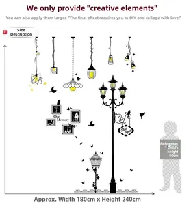 Detailed wall sticker dimensions 180x240cm featuring street lamps and birdcage decals