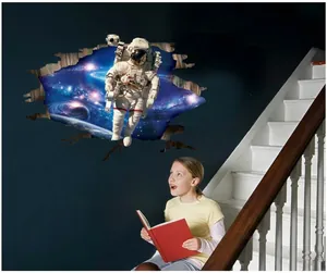 3D outer space astronaut wall decal with broken wall effect for bedroom decoration