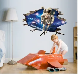 3D outer space astronaut wall sticker with broken wall effect for bedroom decor