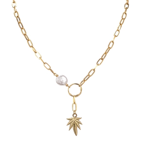 Collana vintage francese in acciaio al titanio 14K con foglia e perla barocca