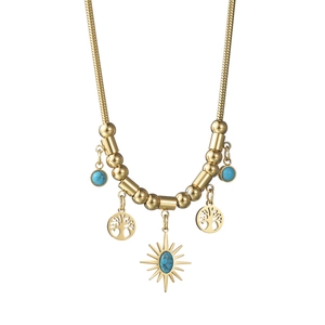 Collier bohème avec pendentifs arbre de vie, pierres turquoise et chaîne serpent dorée