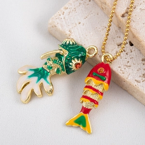 Exquisite koi fish pendants in green and red enamel with gold finish and珠链