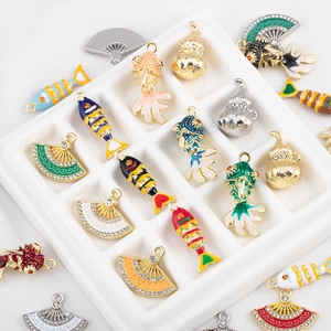 DIY Chinese style koi fish and lotus fan charms set with gold plating and crystals