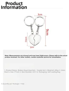 Detailed size view of a heart-shaped broken heart couple keychain set in alloy steel