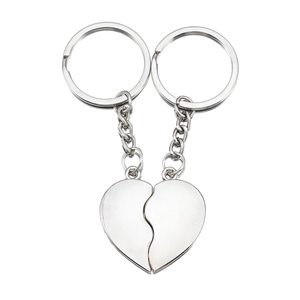 Polished silver alloy heart-shaped puzzle keychains for couples with split design