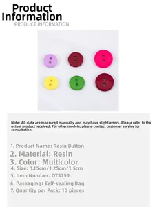 Tabella taglie per bottoni colorati in resina con diametri da 1,15 a 1,5 cm in vari colori