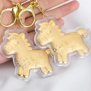 Porte-clés cheval du zodiaque doré avec motifs de pièces de monnaie et porte-bonheur