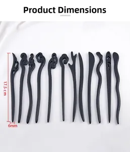 Detailed size chart showing 17.5cm length and 6mm width for black minimalist hair sticks