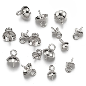 Polished stainless steel bell cap pendants with pins and loops for DIY pearl jewelry