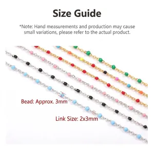 Detail of 3mm colorful enamel bead chains in gold and silver finish for DIY jewelry