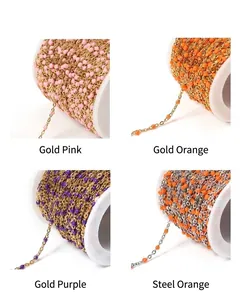 Detail of colorful enamel bead chains on spools for DIY jewelry making in various finishes