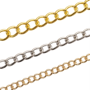 Flat curb chains for DIY jewelry in gold, silver, and light gold finishes on white background
