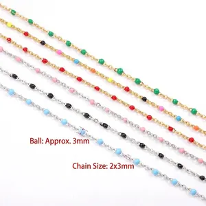 Colorful enamel bead chain for DIY necklaces with 3mm beads and gold plated links