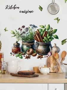 Detail of kitchen wall sticker with herbs and spices design on white wall