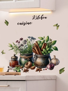 Detail showing vintage kitchen herb stickers with pots of rosemary and cinnamon rolls