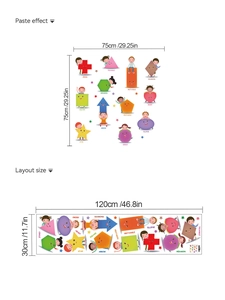 Detailansicht der geometrischen Lern-Wandtattoos mit Maßen und Layout für Kinderzimmer
