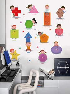 Lernwandtattoo mit geometrischen Formen und Comicgesichtern für Kinderzimmer Deko