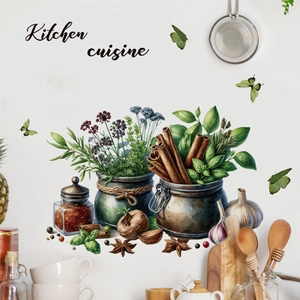 PVC Kitchen Wall Sticker Waterproof Oilproof Herbs Spices Potted Plants Butterfly Decal Removable Self Adhesive Kitchen Cuisine Art Mural